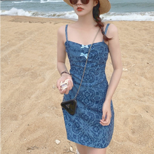 Load image into Gallery viewer, Korean Elegant Strap Mini Dress Women Sexy Party High Street Slim Blue Dresses Print Outdoor Holiday Beach Summer Dresses 2021