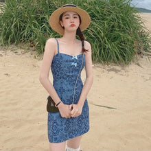Load image into Gallery viewer, Korean Elegant Strap Mini Dress Women Sexy Party High Street Slim Blue Dresses Print Outdoor Holiday Beach Summer Dresses 2021