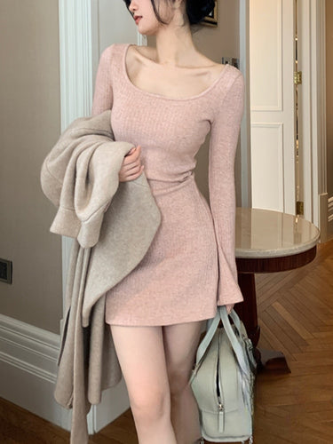 Korean Fashion Knitted Dress Women Long Sleeve Short Party Dress Elegant 2022 Autumn Slim Sexy Y2k Mini Dress Casual Female Chic