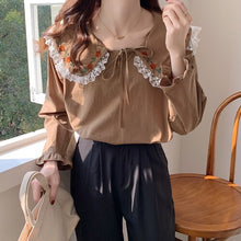 Load image into Gallery viewer, Korean Fashion Peter Pan Collar Blouses Spring Patchwork Lace Shirts Women Sweet Lace Up Fresh Tops Spring Mori Girl 2022