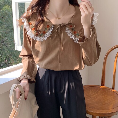 Korean Fashion Peter Pan Collar Blouses Spring Patchwork Lace Shirts Women Sweet Lace Up Fresh Tops Spring Mori Girl 2022