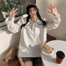 Load image into Gallery viewer, Korean Fashion Peter Pan Collar Blouses Spring Patchwork Lace Shirts Women Sweet Lace Up Fresh Tops Spring Mori Girl 2022