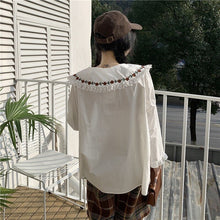 Load image into Gallery viewer, Korean Fashion Peter Pan Collar Blouses Spring Patchwork Lace Shirts Women Sweet Lace Up Fresh Tops Spring Mori Girl 2022
