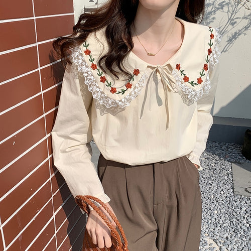 Korean Fashion Peter Pan Collar Blouses Spring Patchwork Lace Shirts Women Sweet Lace Up Fresh Tops Spring Mori Girl 2022