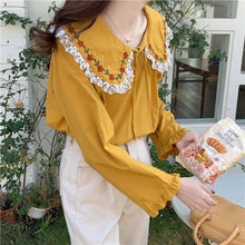 Load image into Gallery viewer, Korean Fashion Peter Pan Collar Blouses Spring Patchwork Lace Shirts Women Sweet Lace Up Fresh Tops Spring Mori Girl 2022