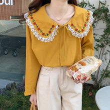 Load image into Gallery viewer, Korean Fashion Peter Pan Collar Blouses Spring Patchwork Lace Shirts Women Sweet Lace Up Fresh Tops Spring Mori Girl 2022