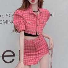 Load image into Gallery viewer, Korean Fashion Sweet Plaid Denim Suit Short Sleeve Single Breasted Crop Top High Waist Mini Skirt Two Piece Sets Ensembles Femme