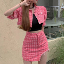 Load image into Gallery viewer, Korean Fashion Sweet Plaid Denim Suit Short Sleeve Single Breasted Crop Top High Waist Mini Skirt Two Piece Sets Ensembles Femme