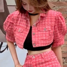 Load image into Gallery viewer, Korean Fashion Sweet Plaid Denim Suit Short Sleeve Single Breasted Crop Top High Waist Mini Skirt Two Piece Sets Ensembles Femme