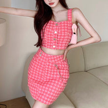 Load image into Gallery viewer, Korean Fashion Two Piece Sets Women Houndstooth Thin Denim Summer Sleeveless Vest + High Waist Mini Skirts Suits Ensembles Femme