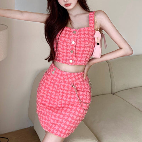 Korean Fashion Two Piece Sets Women Houndstooth Thin Denim Summer Sleeveless Vest + High Waist Mini Skirts Suits Ensembles Femme