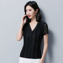 Load image into Gallery viewer, Korean Fashion V-neck Women Striped T-shirt 2021 Summer New Short Sleeve Women&#39;s Tops Plus Size M-4XL Mesh Blusas