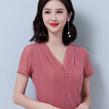 Load image into Gallery viewer, Korean Fashion V-neck Women Striped T-shirt 2021 Summer New Short Sleeve Women&#39;s Tops Plus Size M-4XL Mesh Blusas