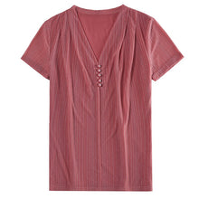 Load image into Gallery viewer, Korean Fashion V-neck Women Striped T-shirt 2021 Summer New Short Sleeve Women&#39;s Tops Plus Size M-4XL Mesh Blusas