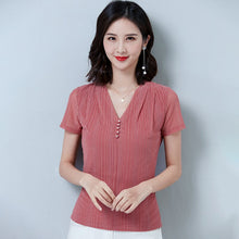 Load image into Gallery viewer, Korean Fashion V-neck Women Striped T-shirt 2021 Summer New Short Sleeve Women&#39;s Tops Plus Size M-4XL Mesh Blusas