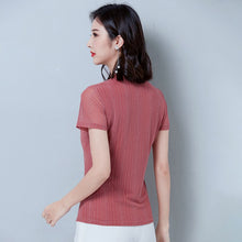 Load image into Gallery viewer, Korean Fashion V-neck Women Striped T-shirt 2021 Summer New Short Sleeve Women&#39;s Tops Plus Size M-4XL Mesh Blusas