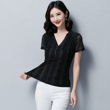 Load image into Gallery viewer, Korean Fashion V-neck Women Striped T-shirt 2021 Summer New Short Sleeve Women&#39;s Tops Plus Size M-4XL Mesh Blusas