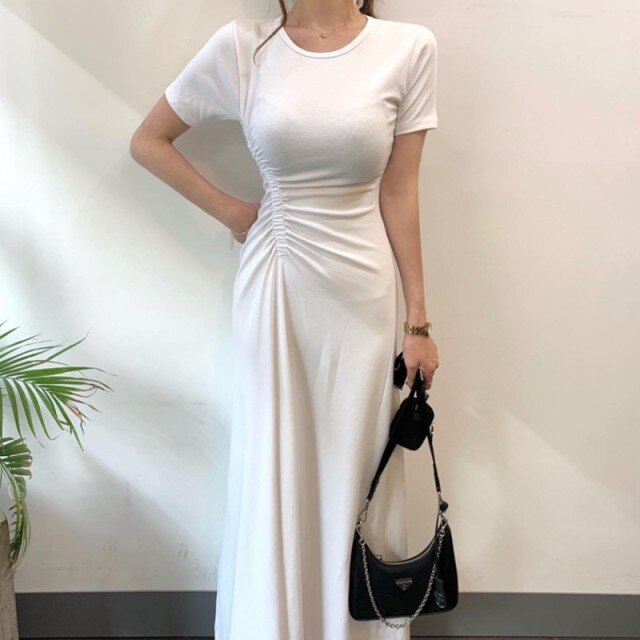 Korean Ladies Summer Short Sleeve Casual Club Party Dress Women Fashion Drawstring Ruched Bodycon Sexy Split Dress