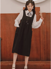 Load image into Gallery viewer, Korean Loose Cute Student Two Piece Set Women Bow Tie Lace Lapel All-match Solid Color Shirt Top+Loose Thin Strap Dress OL Suit