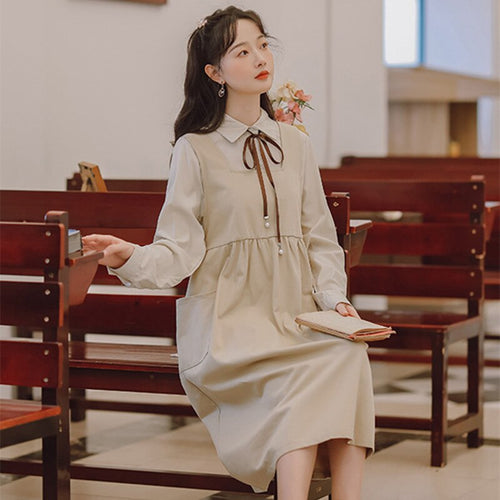 Korean Loose Cute Student Two Piece Set Women Bow Tie Lace Lapel All-match Solid Color Shirt Top+Loose Thin Strap Dress OL Suit