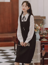 Load image into Gallery viewer, Korean Loose Cute Student Two Piece Set Women Bow Tie Lace Lapel All-match Solid Color Shirt Top+Loose Thin Strap Dress OL Suit