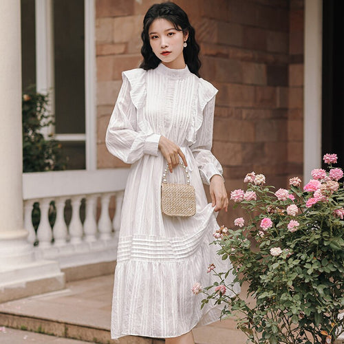 Korean Loose Cute White Dresses For Women 2021 Ruffle Stitching Stand-up Collar Small Fresh and Sweet Dress Roupas Femininas