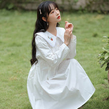 Load image into Gallery viewer, Korean Loose Sweet Kawaii Dress Suit Female Fall Lace V-neck Grop Vest Coat+Cute Embroidered Doll Collar White Dresses Outfits