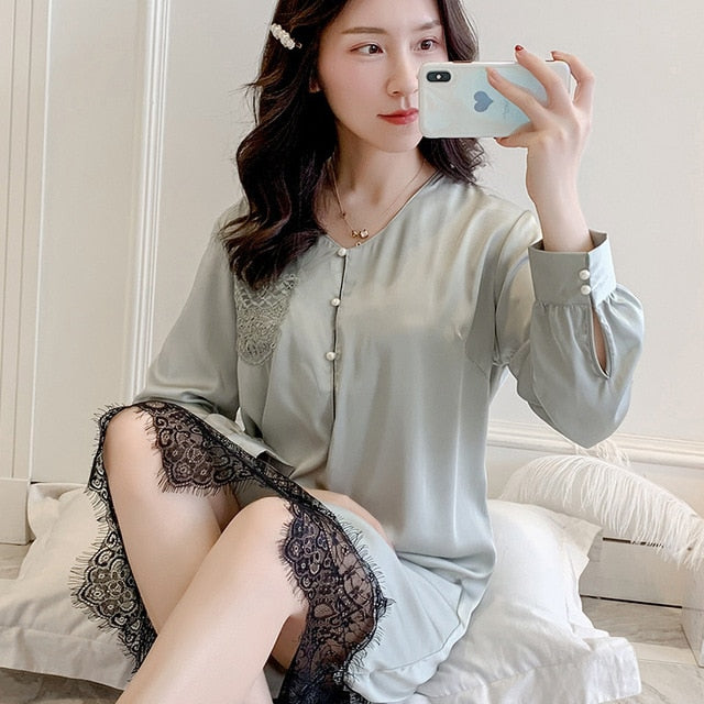 Korean Sexy Women Nightwear Long Sleeve Lace Princess Sleepwear Autumn Silk Chemise Stain Nightgown Pink Plus Size Nighties 2020