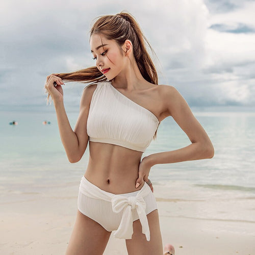 Korean Style Bikini Set Solid Bathing Suit Pad Belt Swimming Wear Women Sexy One Shoulder Bikini Maillot De Bain Femme