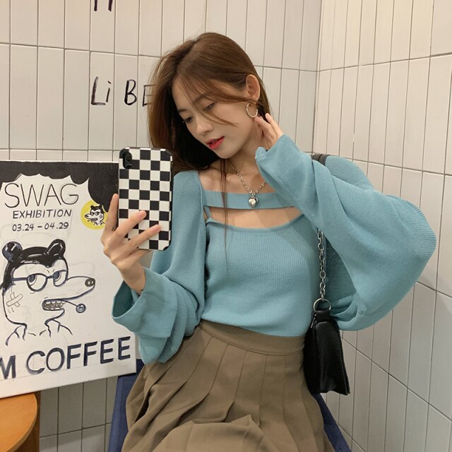 Korean Style Chic Simple Camisole + Loose Casual Knit Cardigans Women Design All Match Fashion Sweater Women Elegant Pull Femme