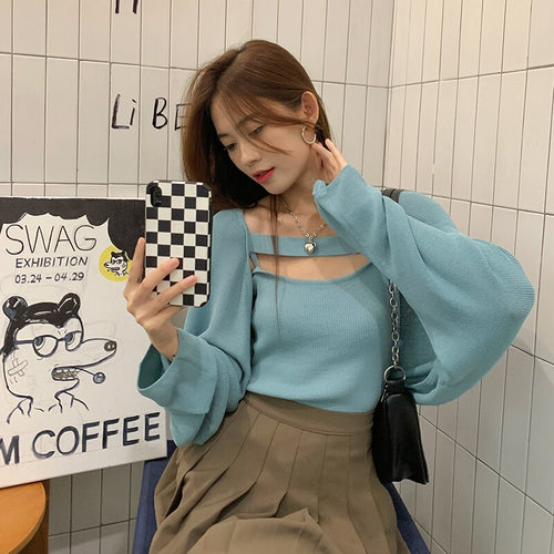 Korean Style Chic Simple Camisole + Loose Casual Knit Cardigans Women Design All Match Fashion Sweater Women Elegant Pull Femme