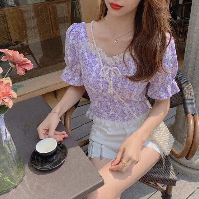 Korean Style Floral Blouse and Tops Woemen Short Sleeve Elegant Casual Shirts Female Design Lace Kawaii Top 2021 Summer Outwear
