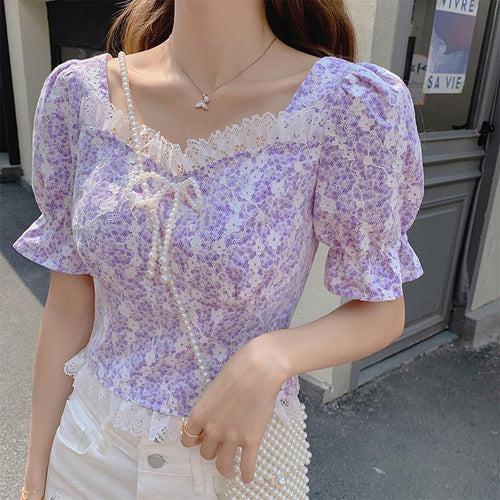Korean Style Floral Blouse and Tops Woemen Short Sleeve Elegant Casual Shirts Female Design Lace Kawaii Top 2021 Summer Outwear
