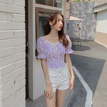 Load image into Gallery viewer, Korean Style Floral Blouse and Tops Woemen Short Sleeve Elegant Casual Shirts Female Design Lace Kawaii Top 2021 Summer Outwear