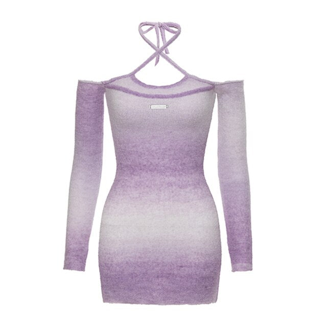 Korean Style Gradient Purple Tight-fitting Long-sleeved Hotsweet Dress Women Autumn 2023 Slim Halter Dress