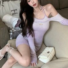 Load image into Gallery viewer, Korean Style Gradient Purple Tight-fitting Long-sleeved Hotsweet Dress Women Autumn 2023 Slim Halter Dress