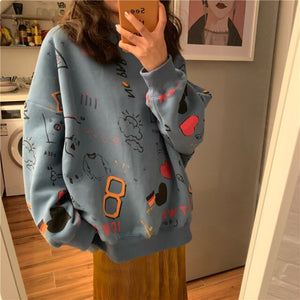 Korean Style Graffiti Printing Sweatshirt Women Thin Anime Hoodie Loose Sweatshirt Women Christmas Kawaii Top Plus Size Hoodies