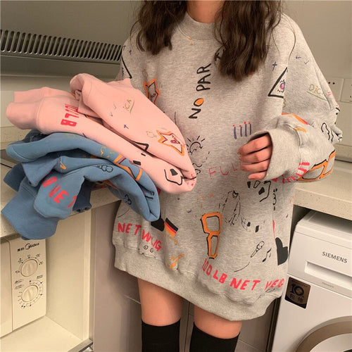 Korean Style Graffiti Printing Sweatshirt Women Thin Anime Hoodie Loose Sweatshirt Women Christmas Kawaii Top Plus Size Hoodies