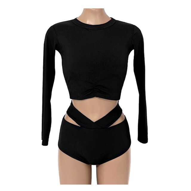 Korean Style High Waist Bikini Set Women Biquini Suit Two Pieces Long Sleeve Swimwear Solid Swimsuit Beach Suit 2023
