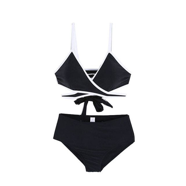 Korean Style High Waist Bikini Set Women Biquini Suit Two Pieces Swimwear Solid Swimsuit Bandage Beach Suit 2022