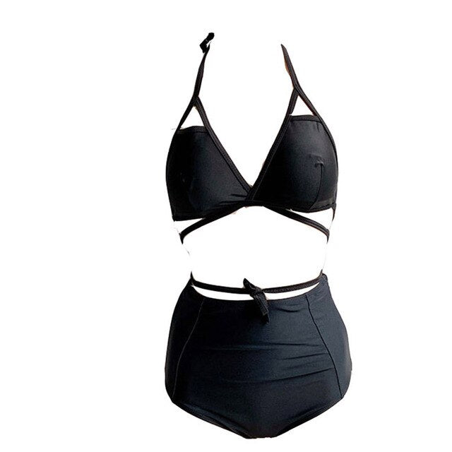 Korean Style High Waist Bikini Set Women Biquini Suit Two Pieces Swimwear Solid Swimsuit Bandage Beach Suit 2022