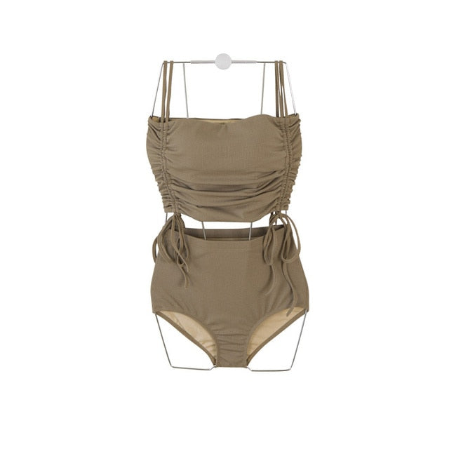 Korean Style High Waist Bikini Set Women Biquini Suit Two Pieces Swimwear Solid Swimsuit High Quality Beach Suit 2020