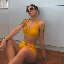 Load image into Gallery viewer, Korean Style High Waist Bikini Set Women Biquini Suit Two Pieces Swimwear Solid Swimsuit High Quality Beach Suit 2022