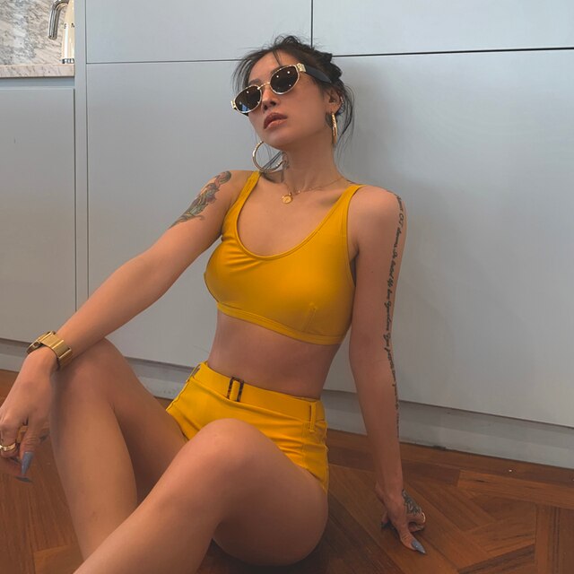 Korean Style High Waist Bikini Set Women Biquini Suit Two Pieces Swimwear Solid Swimsuit High Quality Beach Suit 2022