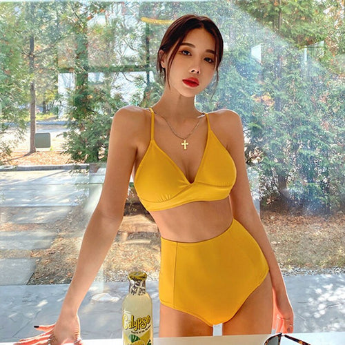 Korean Style Mid Waist Bikini Set Women Biquini Suit Two Pieces Swimwear Solid Swimsuit High Quality Beach Suit 2022 bikinis