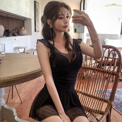 Korean Style One Piece Swimwear Women Padded Swimwear Push Up Swimsuit Bathing Suit sexy Lady Monokini Beachwear Black Swimdress