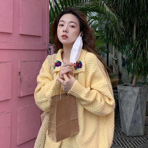 Korean Style Turn Down Collar Embroidery Sweater Women Loose Casual Vintage Knitted Cardigans Autumn Winter 2022 Sweet Jumper