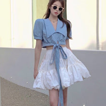 Load image into Gallery viewer, Korean Sweet Chic Two Piece Set Women Lace-up Crop Top + High Waist A-line Skirt Suits Summer Short Shirt Blouse Skirt 2pcs Sets