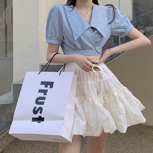 Korean Sweet Chic Two Piece Set Women Lace-up Crop Top + High Waist A-line Skirt Suits Summer Short Shirt Blouse Skirt 2pcs Sets