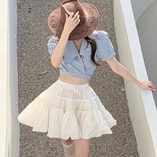 Load image into Gallery viewer, Korean Sweet Chic Two Piece Set Women Lace-up Crop Top + High Waist A-line Skirt Suits Summer Short Shirt Blouse Skirt 2pcs Sets